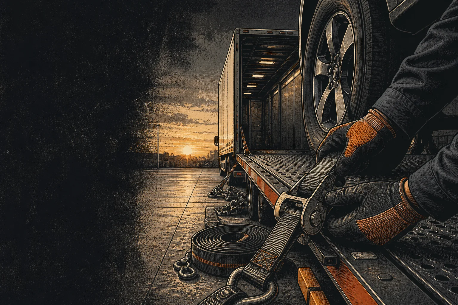 Wheel strap being prepared beside a vehicle trailer