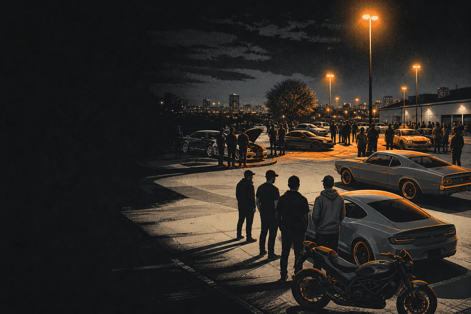 Automotive enthusiasts gathered around cars and a motorcycle