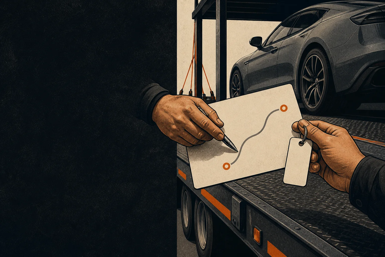 People reviewing vehicle transport route details beside a trailer