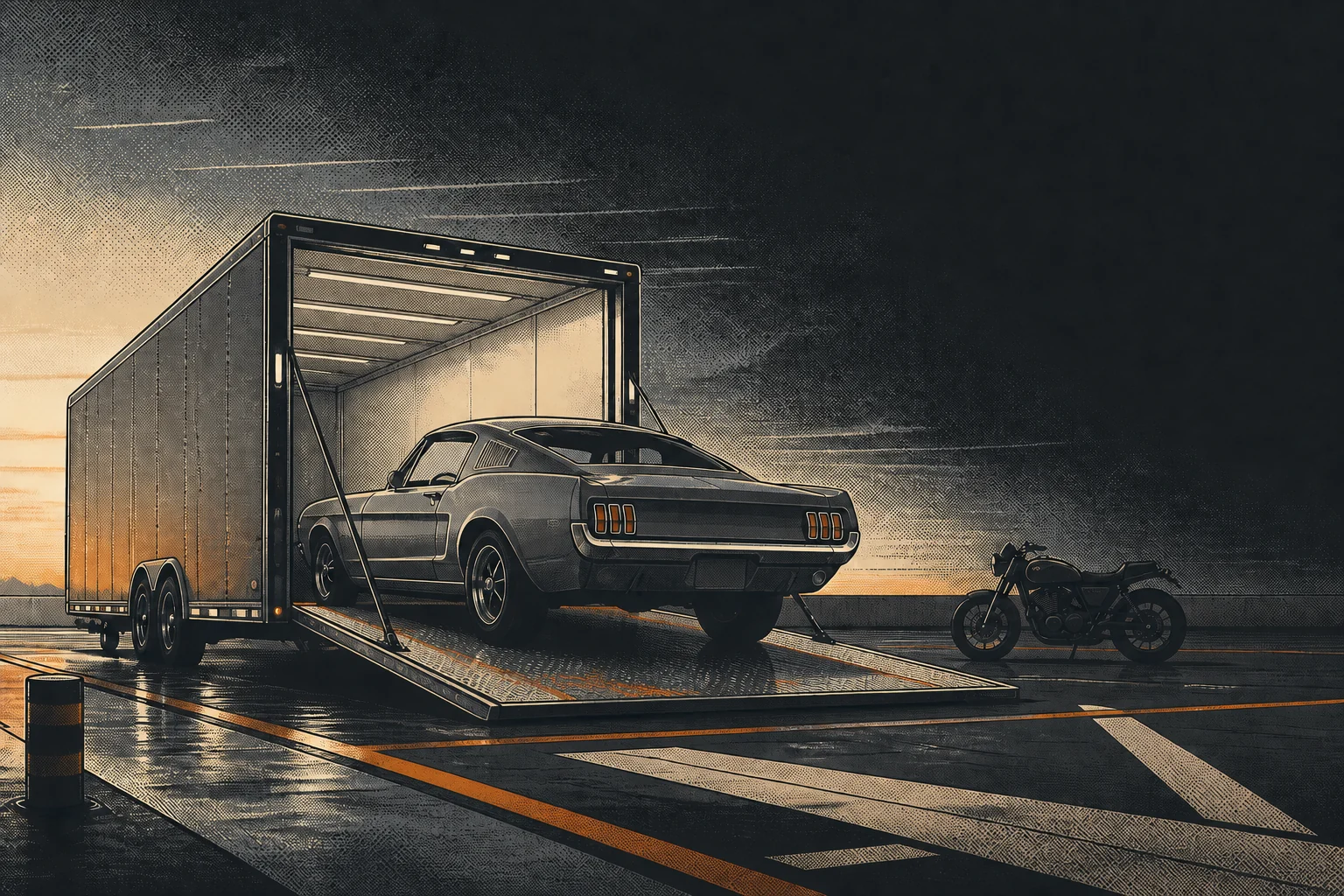 Classic coupe being guided into an enclosed vehicle trailer
